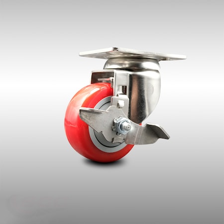 Service Caster 3.5 Inch 316SS Red Polyurethane Wheel Swivel Top Plate Caster with Brake SCC SCC-SS31620S3514-PPUB-RED-TLB